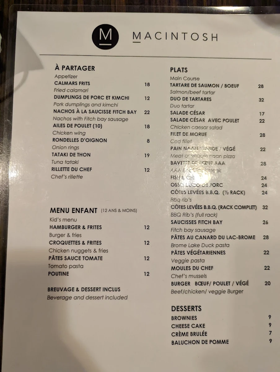 Menu, Le Macintosh Pub Bromont Inc.