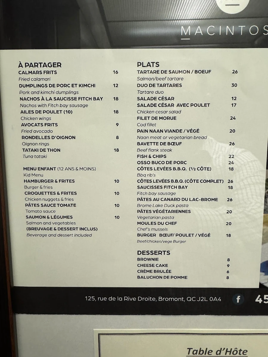Menu, Le Macintosh Pub Bromont Inc.