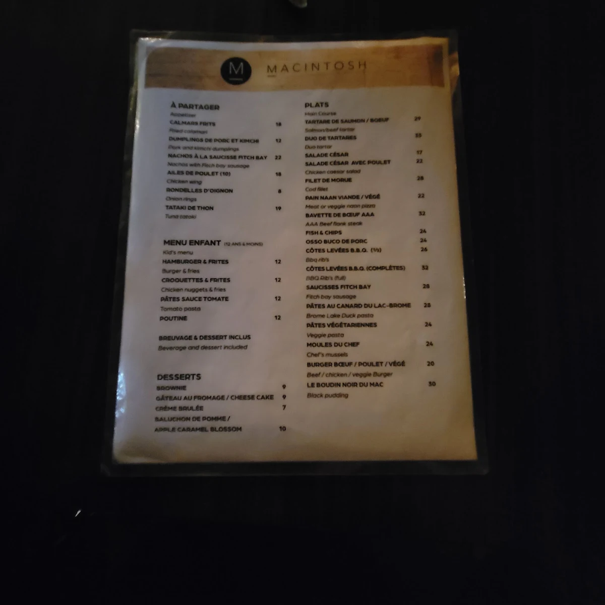 Menu, Le Macintosh Pub Bromont Inc.