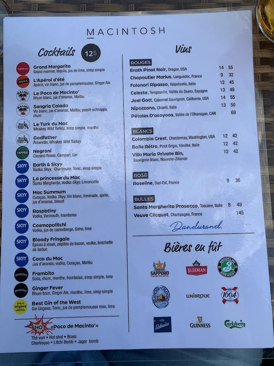 Menu, Le Macintosh Pub Bromont Inc.