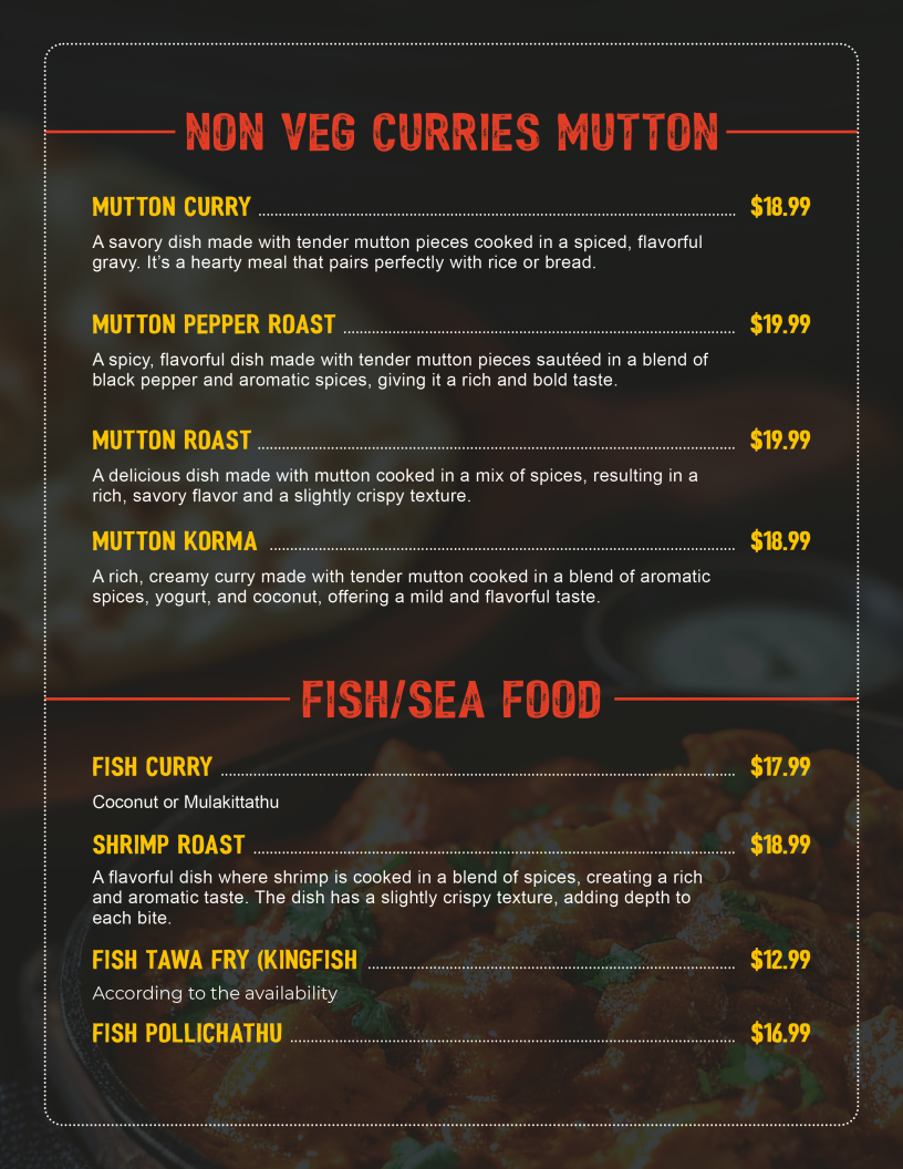 Menu, Nammude Kada Restaurant & Bar / Club 410