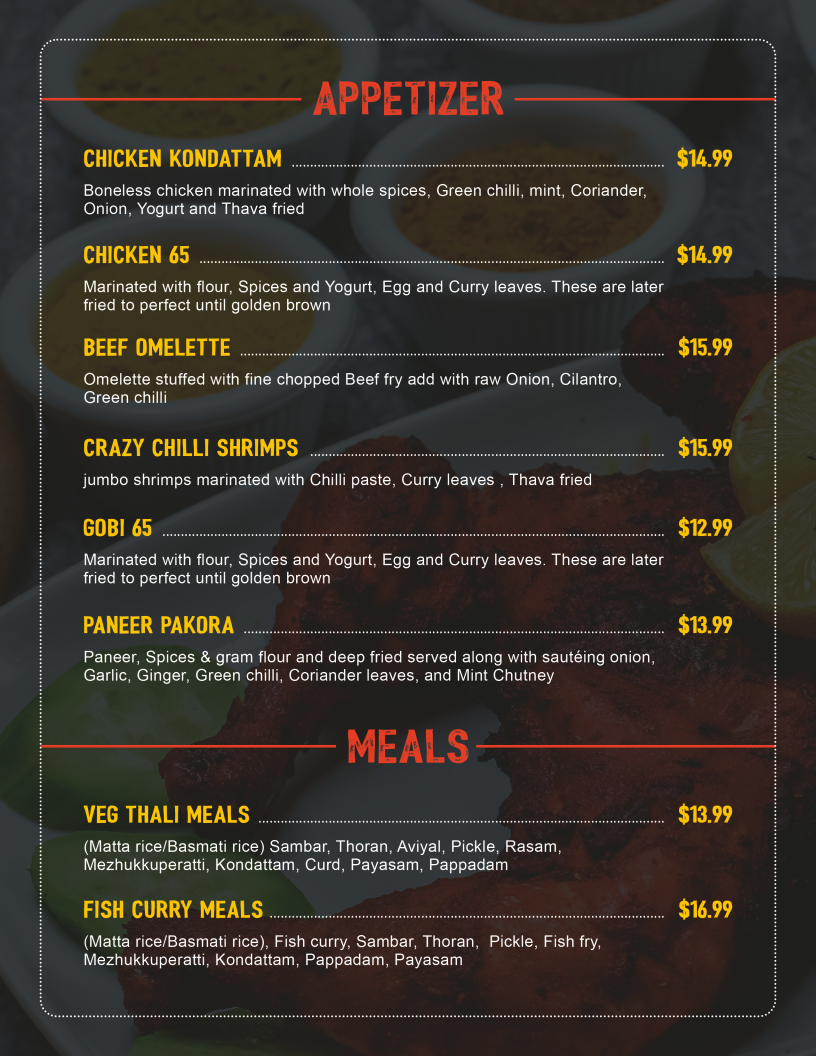 Menu, Nammude Kada Restaurant & Bar / Club 410