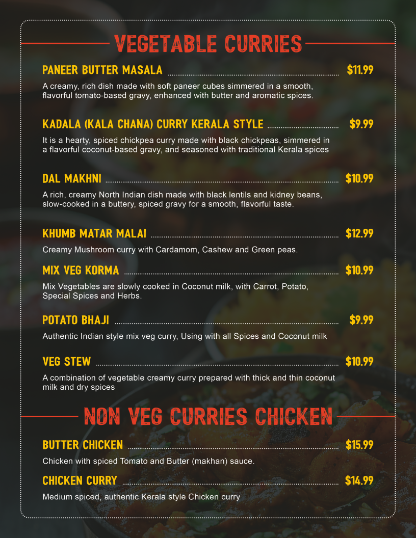 Menu, Nammude Kada Restaurant & Bar / Club 410