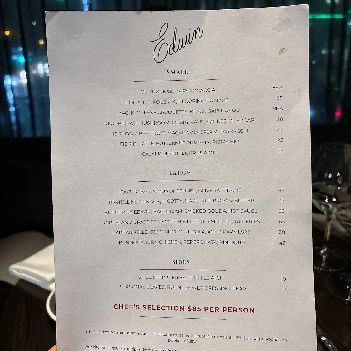 Menu, EDWIN WINE BAR AND CELLAR