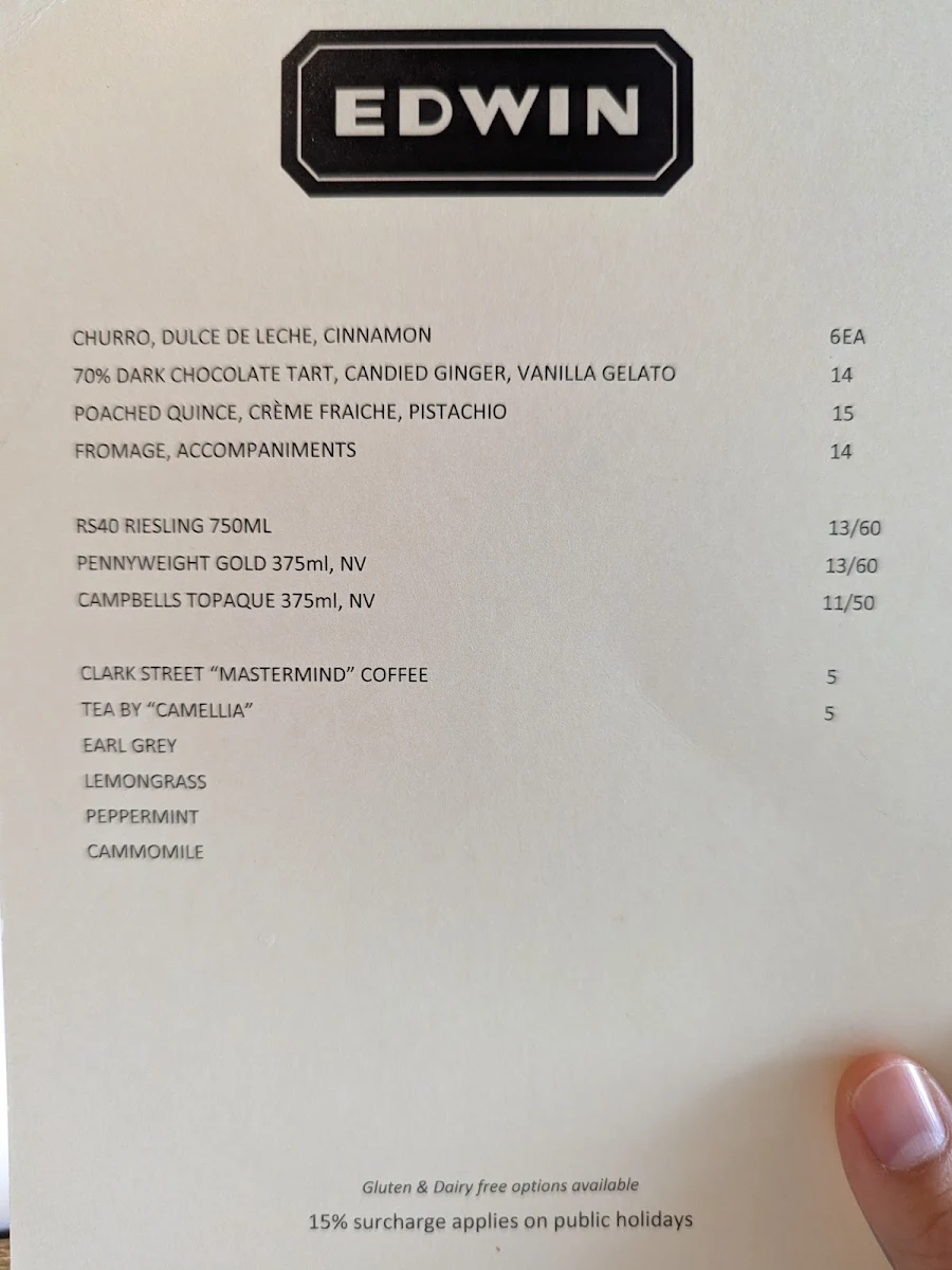 Menu, EDWIN WINE BAR AND CELLAR