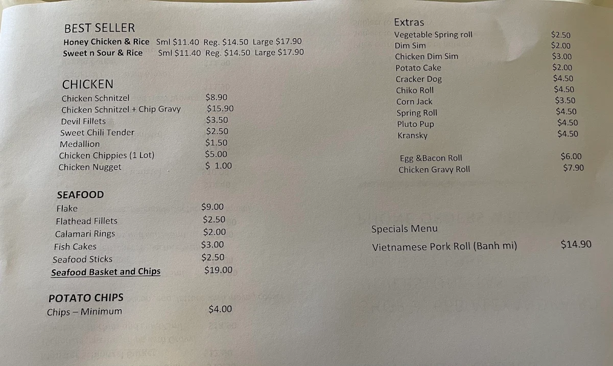 Menu, Honey chicken takeaway