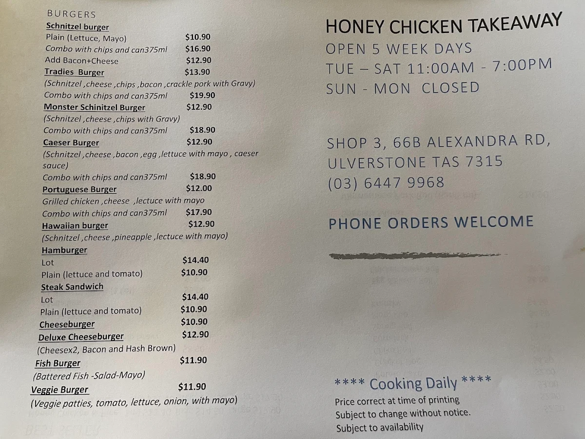 Menu, Honey chicken takeaway