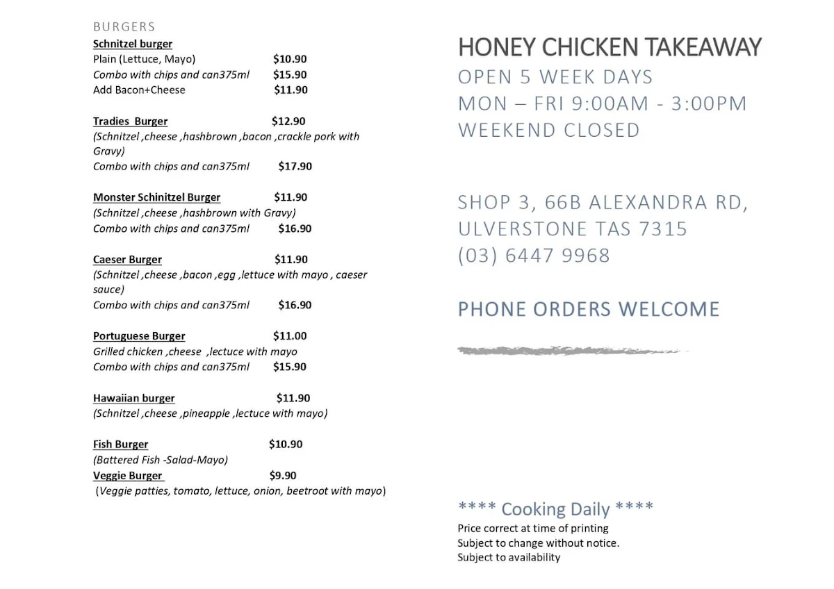Menu, Honey chicken takeaway