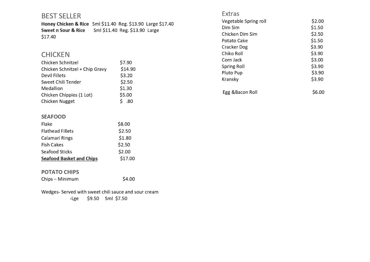 Menu, Honey chicken takeaway