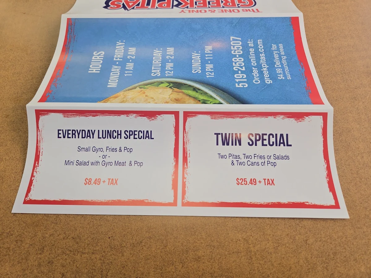 Menu, Greek Pitas Restaurant & Submarines