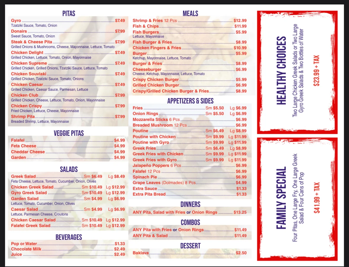 Menu, Greek Pitas Restaurant & Submarines