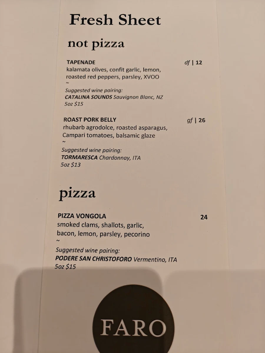Menu, FARO Pizza