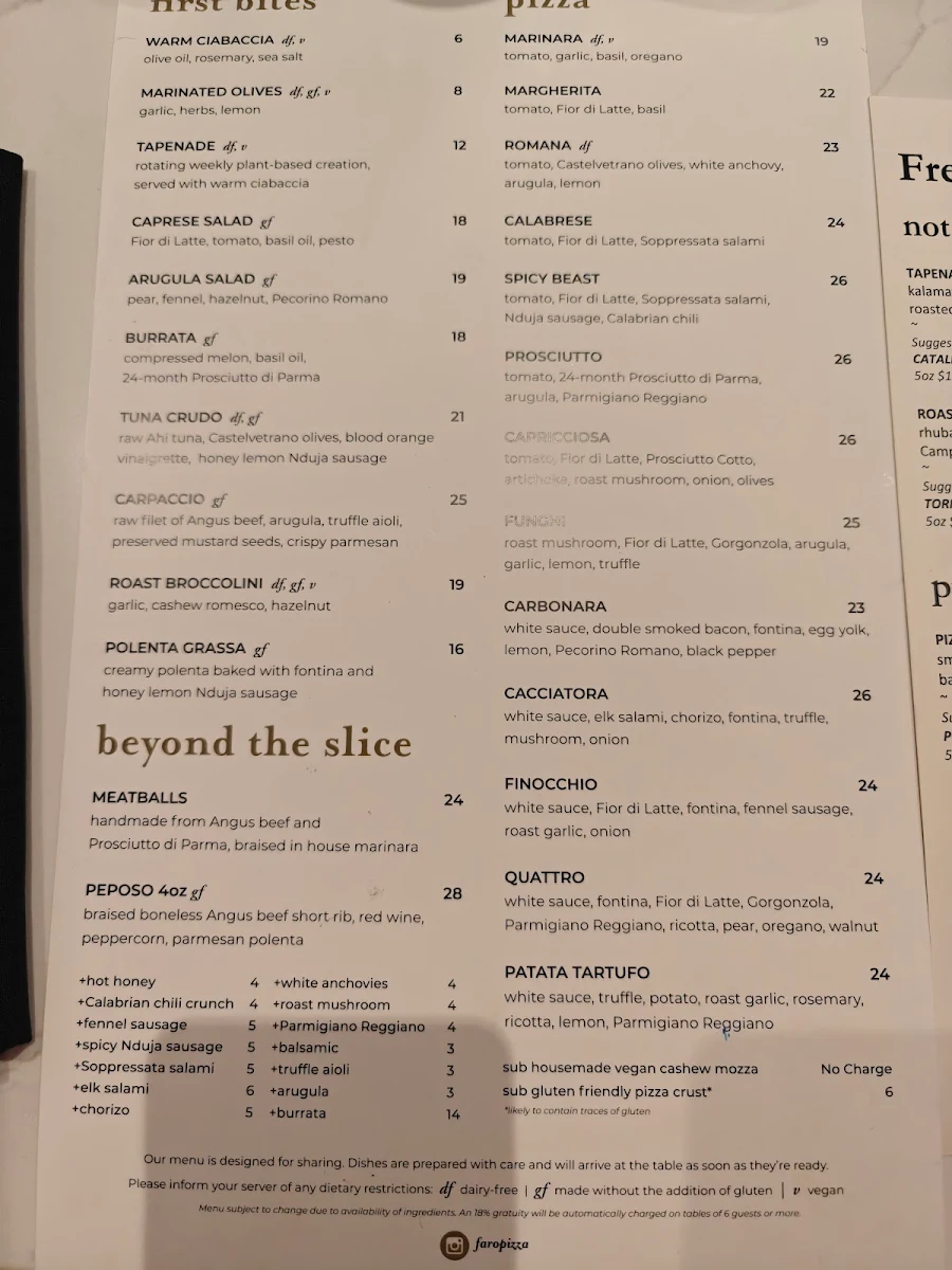Menu, FARO Pizza