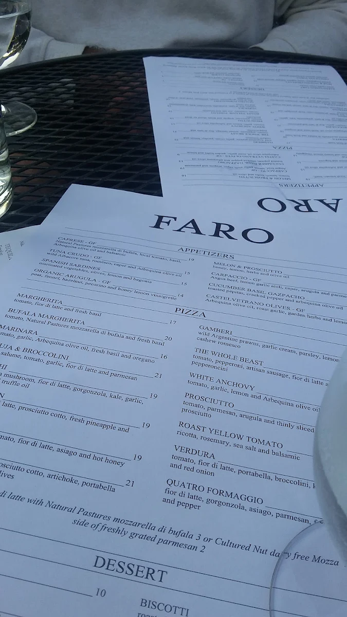Menu, FARO Pizza
