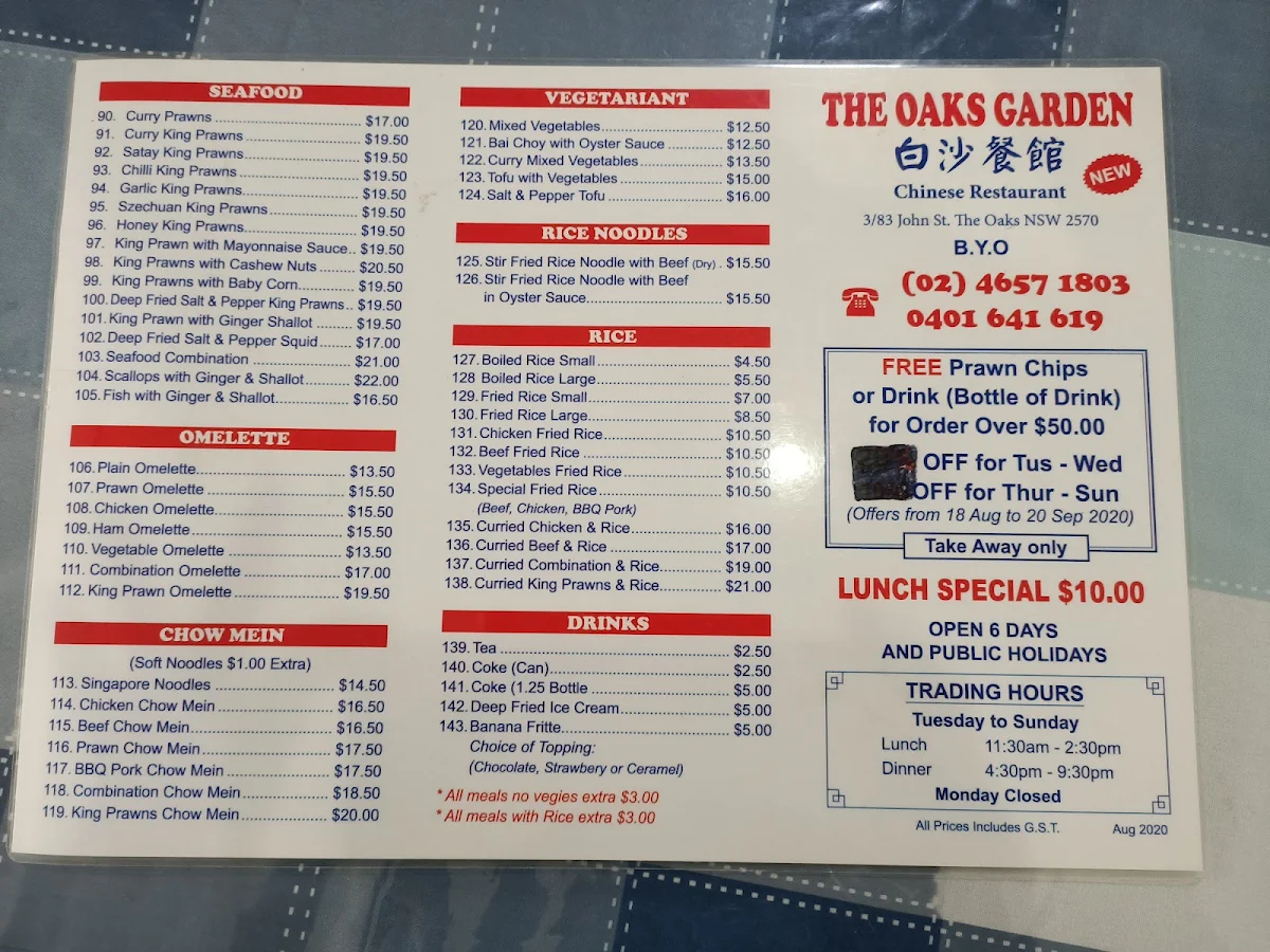 Menu, The Oaks Chinese Food
