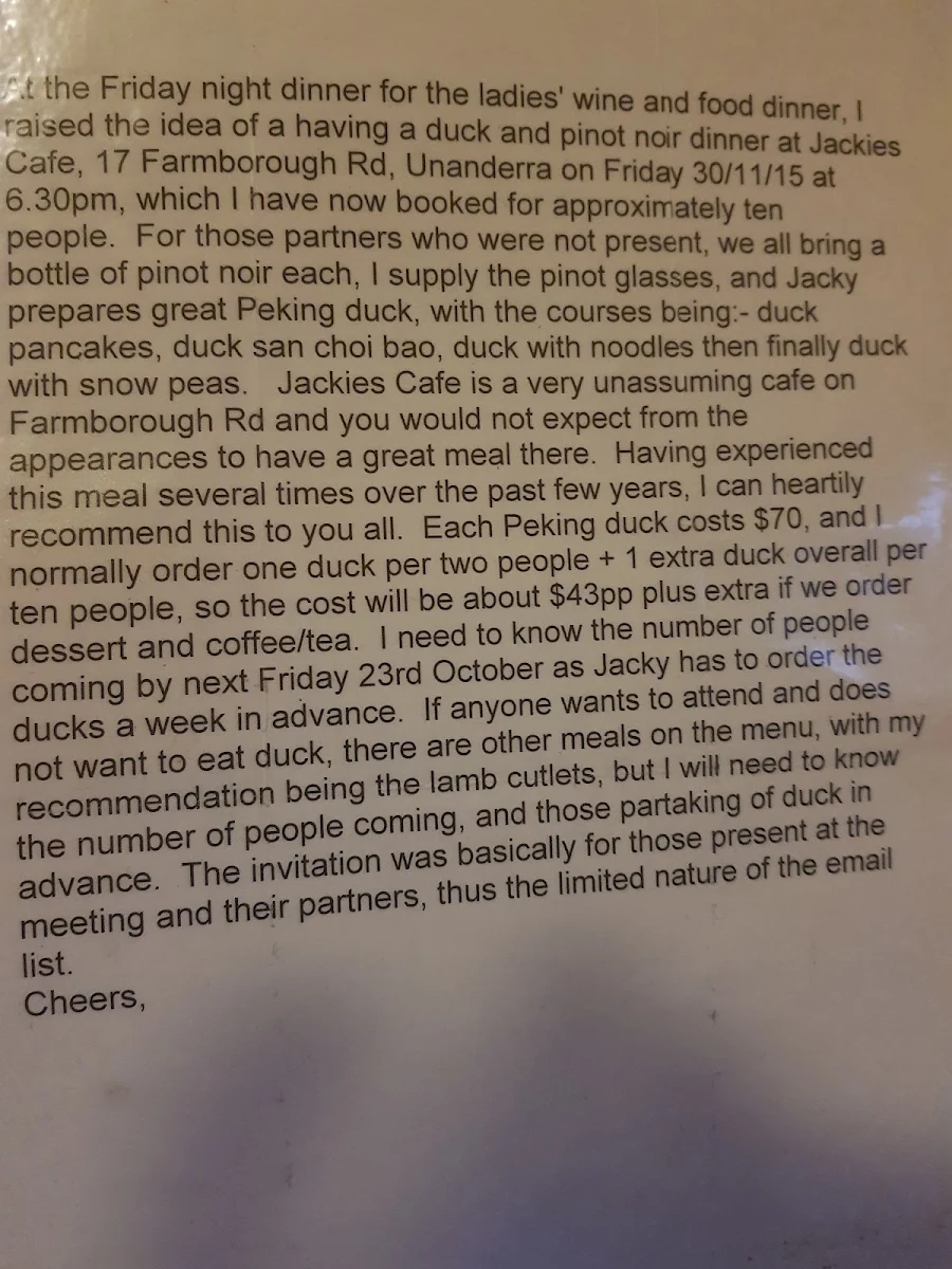 Menu, Jacky's modern asian
