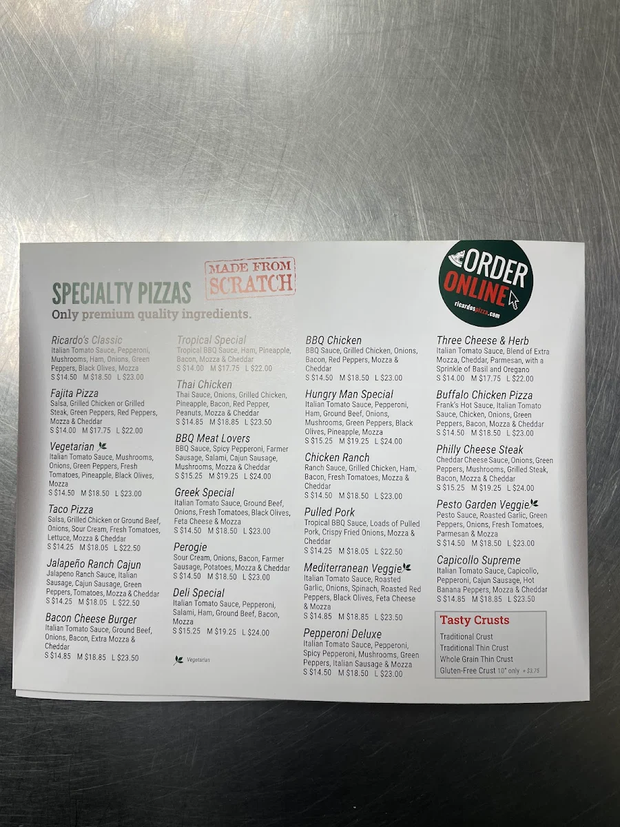 Menu, Ricardo's Pizza