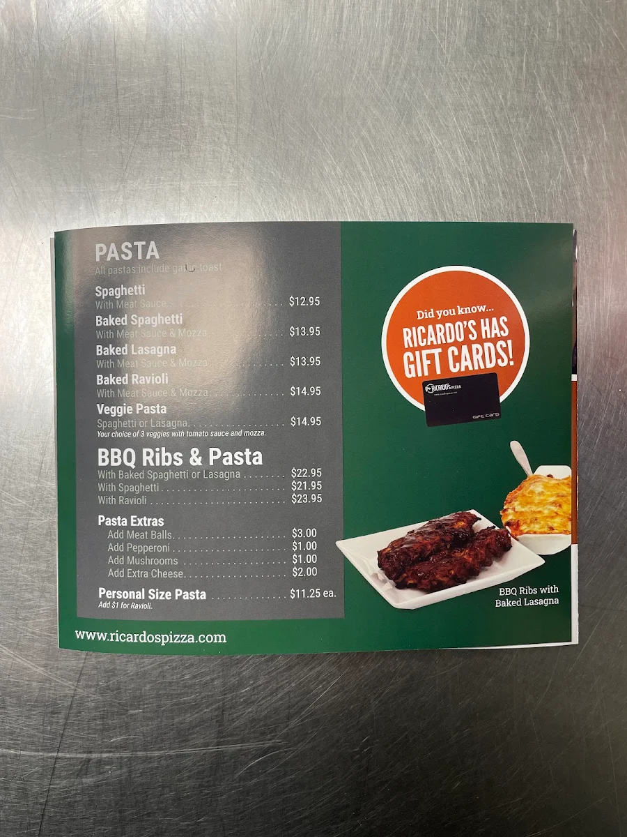 Menu, Ricardo's Pizza