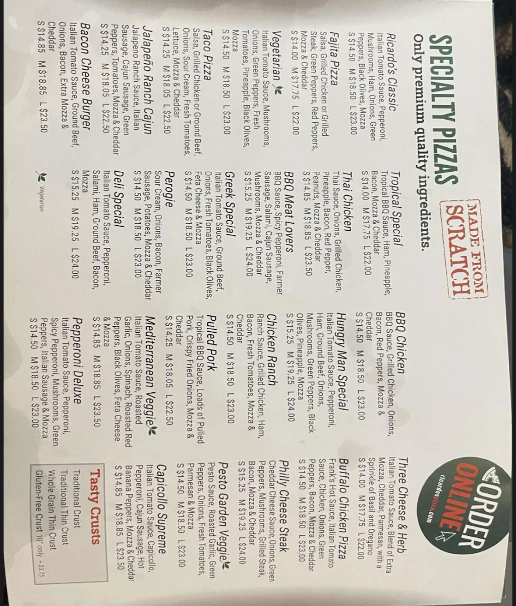 Menu, Ricardo's Pizza
