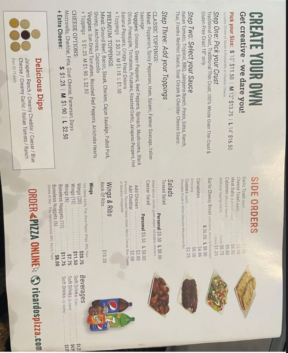 Menu, Ricardo's Pizza