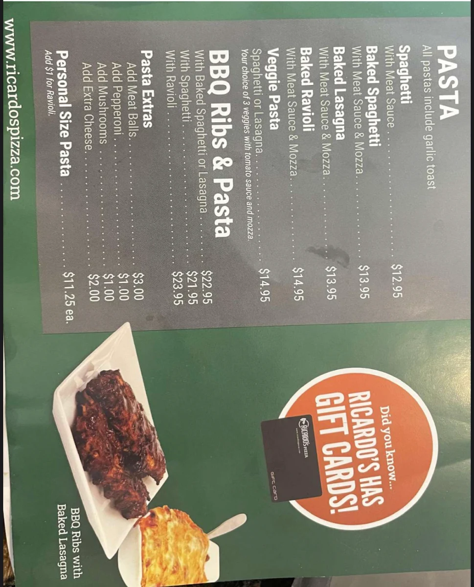 Menu, Ricardo's Pizza
