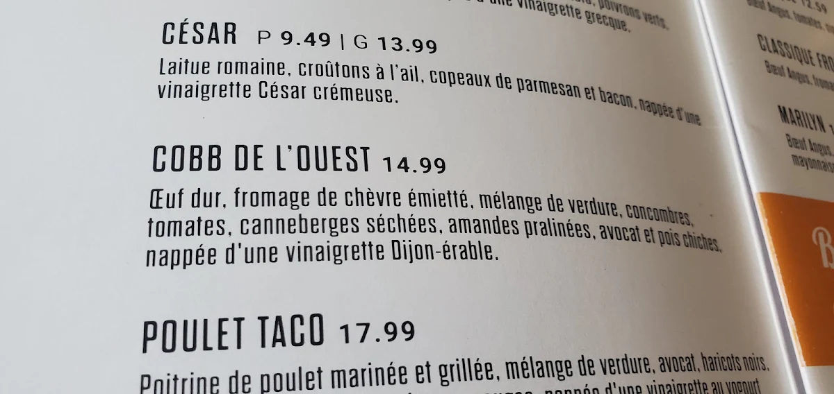 Menu, Restaurant NICKELS (Saint-Jérôme)