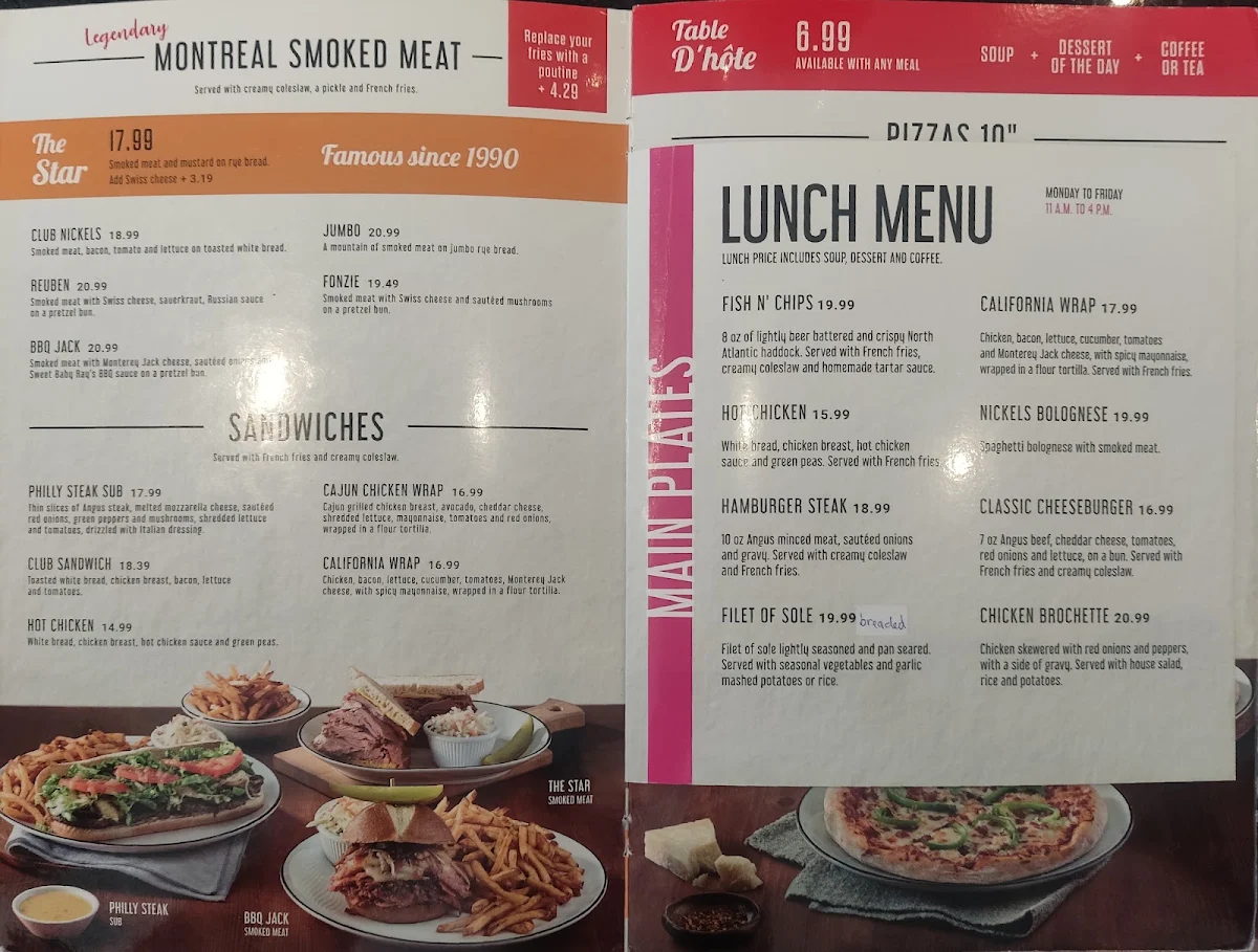 Menu, Restaurant NICKELS (Saint-Jérôme)