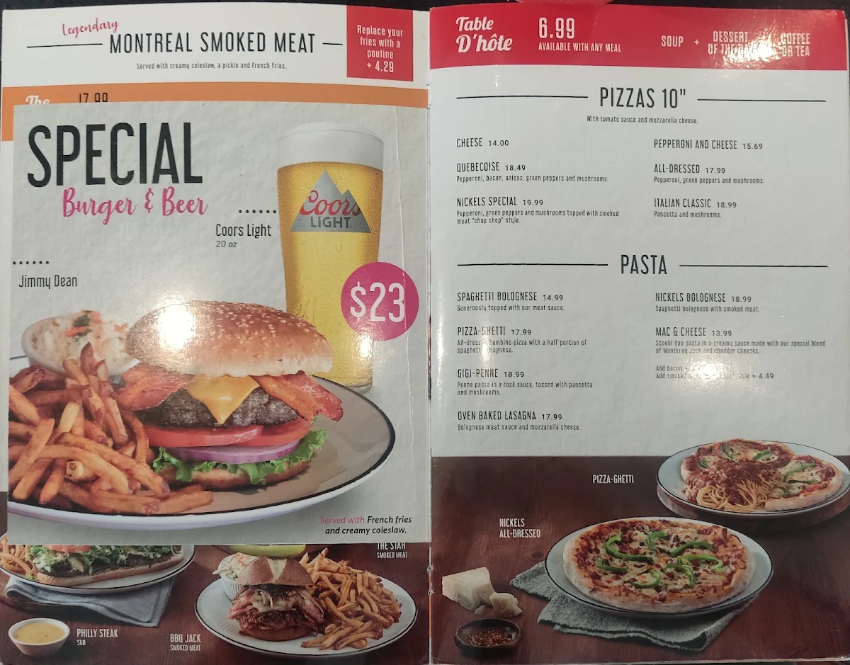 Menu, Restaurant NICKELS (Saint-Jérôme)