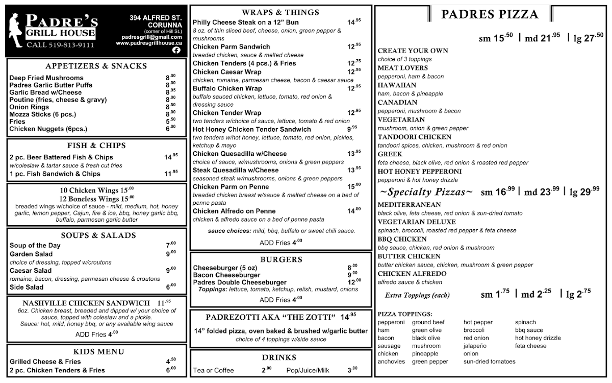 Menu, Padre's Grill House