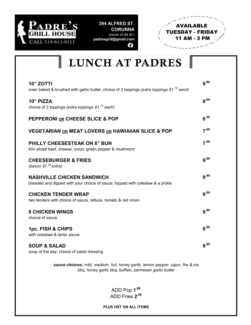 Menu, Padre's Grill House