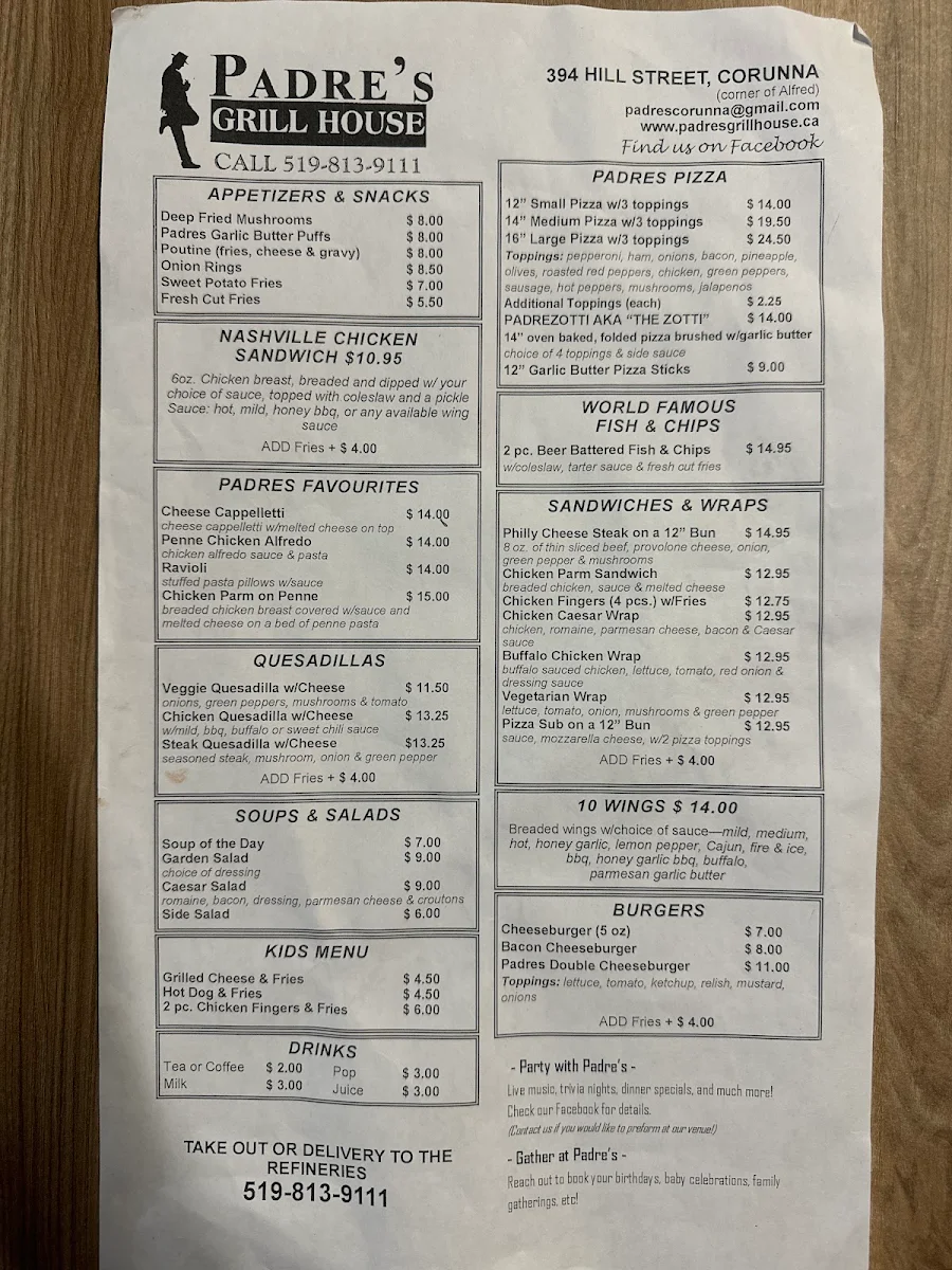 Menu, Padre's Grill House