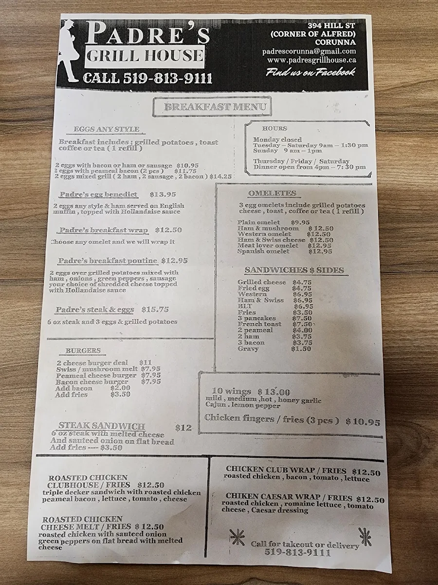 Menu, Padre's Grill House