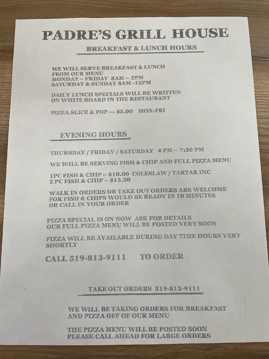 Menu, Padre's Grill House