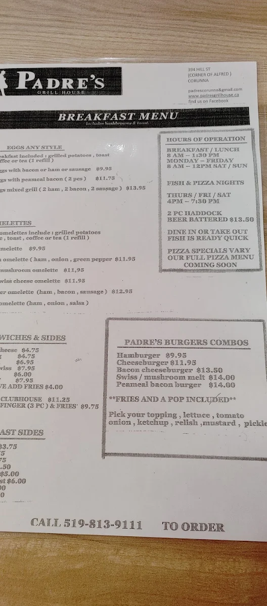 Menu, Padre's Grill House