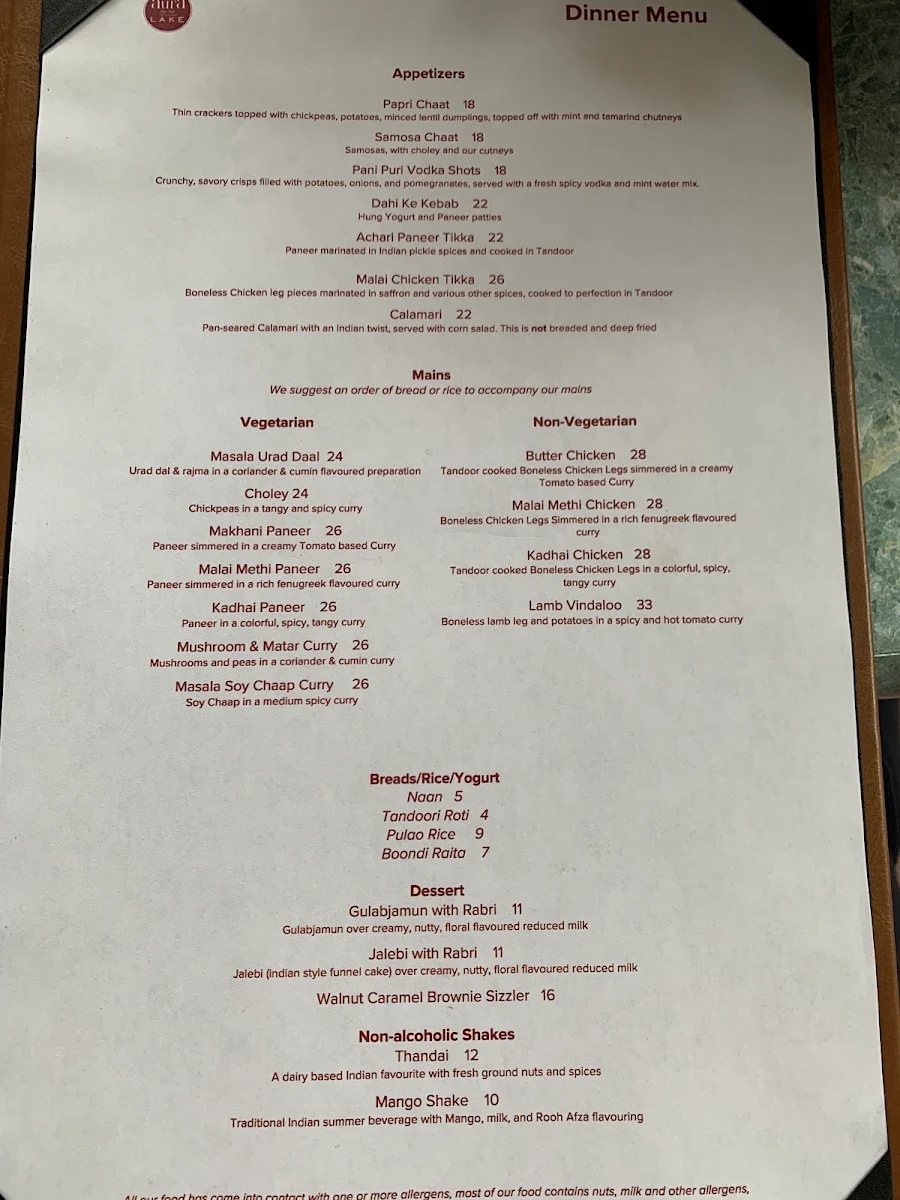 Menu, Aura On The Lake