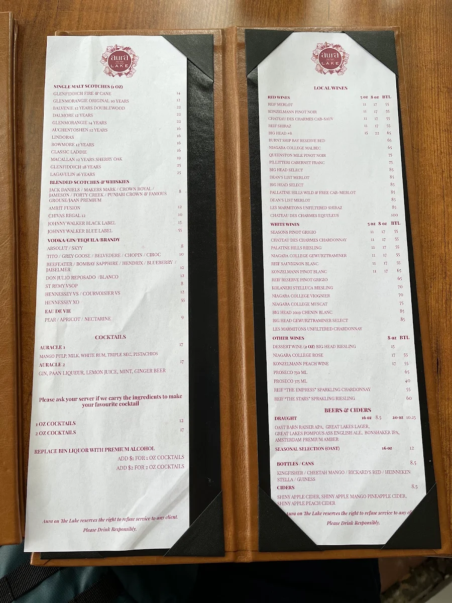 Menu, Aura On The Lake