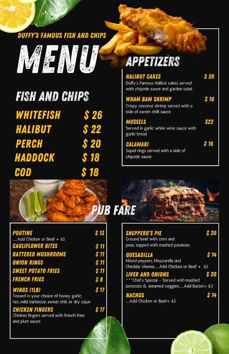 Menu, Duffy's Famous Fish & Chips Restaurant