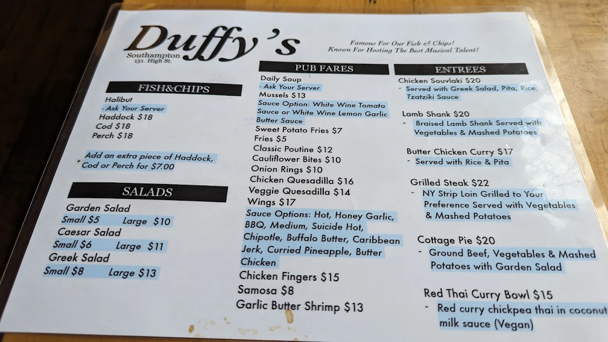 Menu, Duffy's Famous Fish & Chips Restaurant