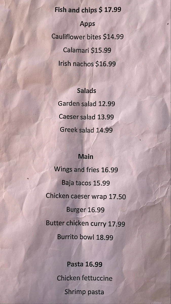 Menu, Duffy's Famous Fish & Chips Restaurant