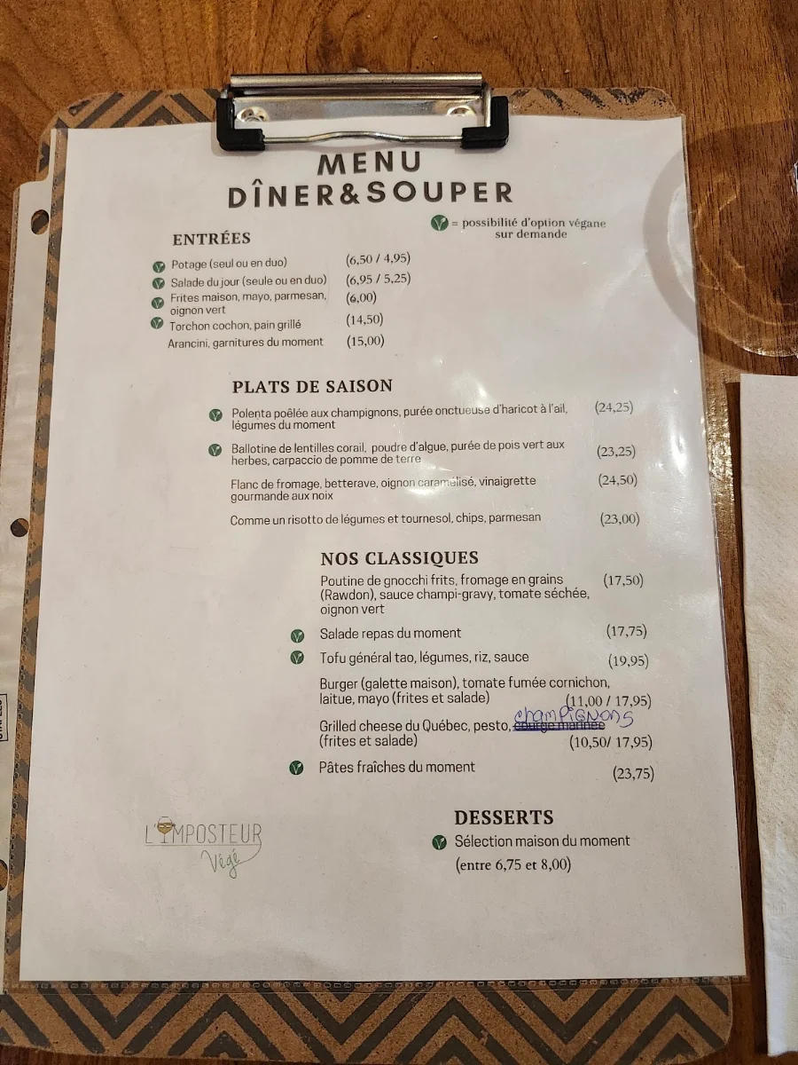 Menu, L'Imposteur Resto-Traiteur Flexi-Végé