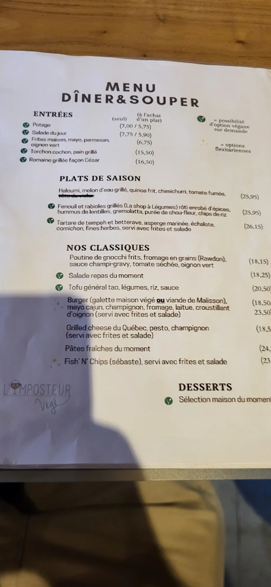 Menu, L'Imposteur Resto-Traiteur Flexi-Végé