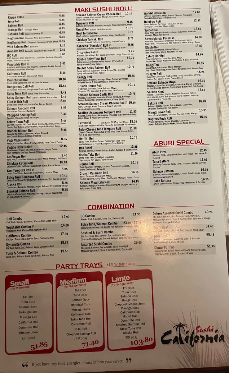 Menu, Sushi California