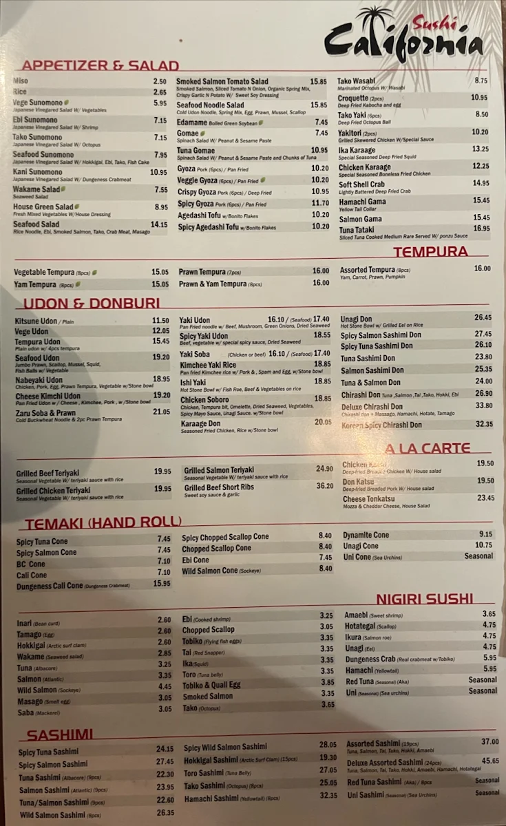 Menu, Sushi California