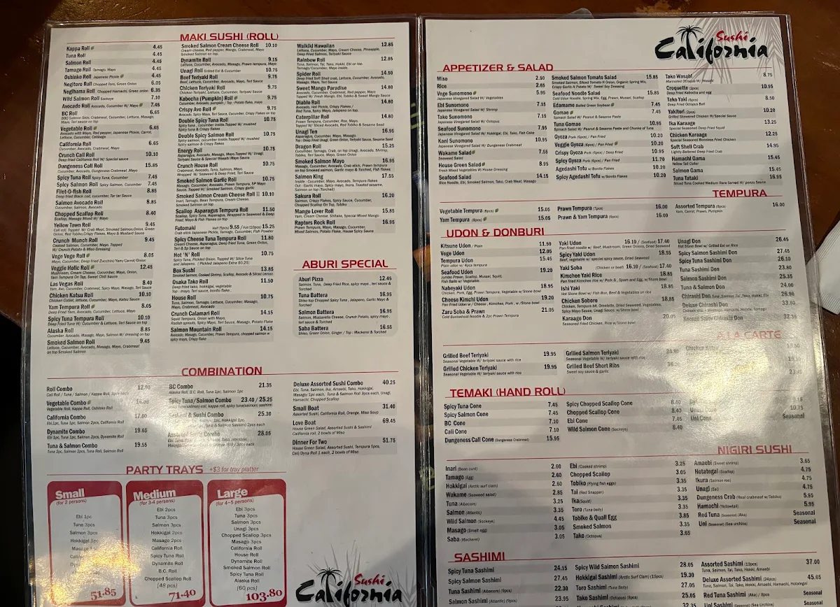 Menu, Sushi California