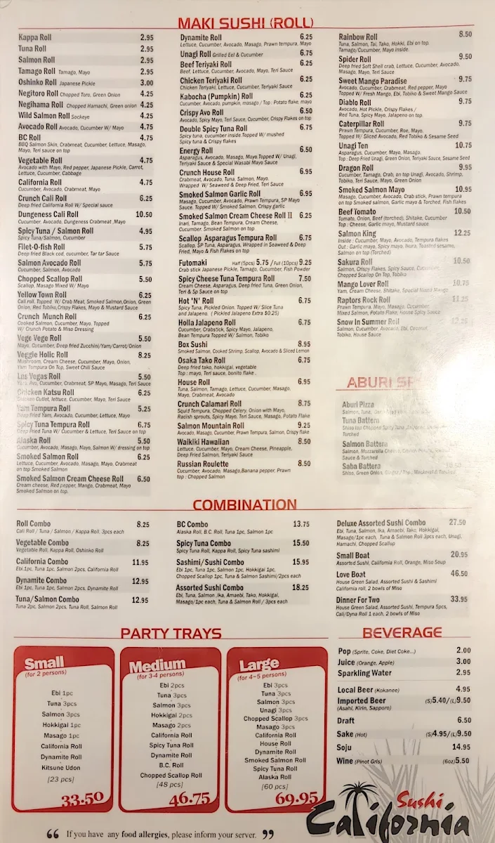 Menu, Sushi California