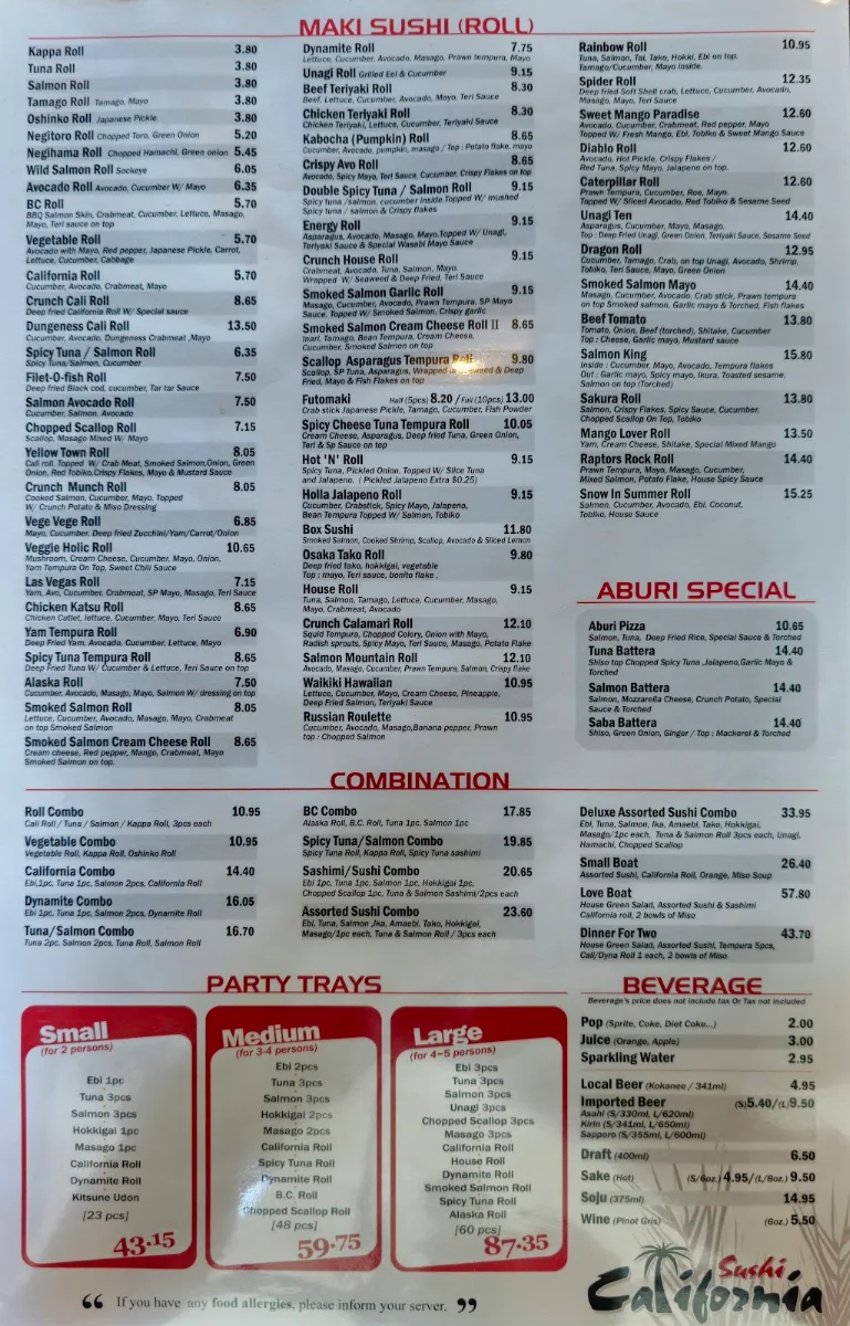 Menu, Sushi California