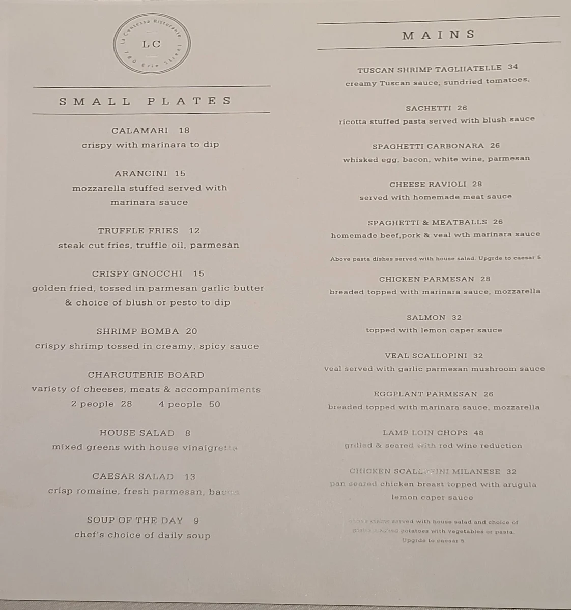 Menu, La Contessa Ristorante