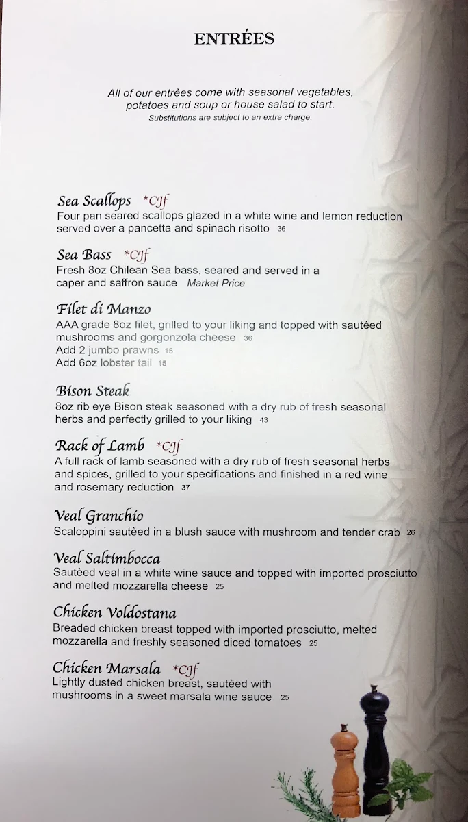 Menu, La Contessa Ristorante