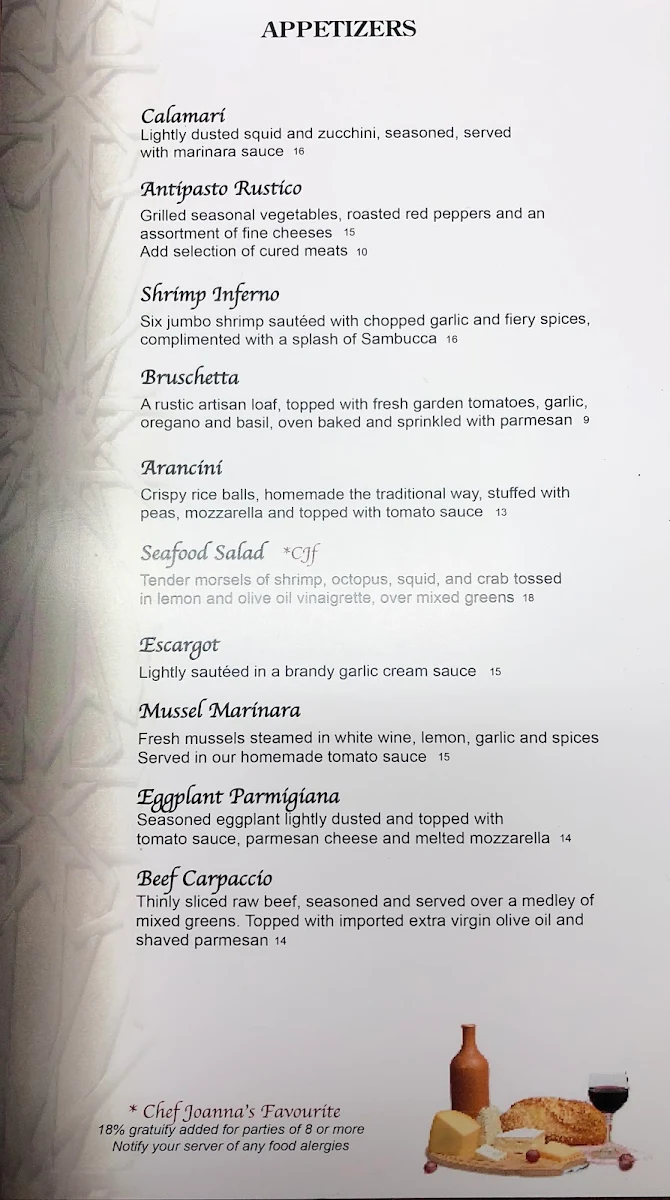 Menu, La Contessa Ristorante