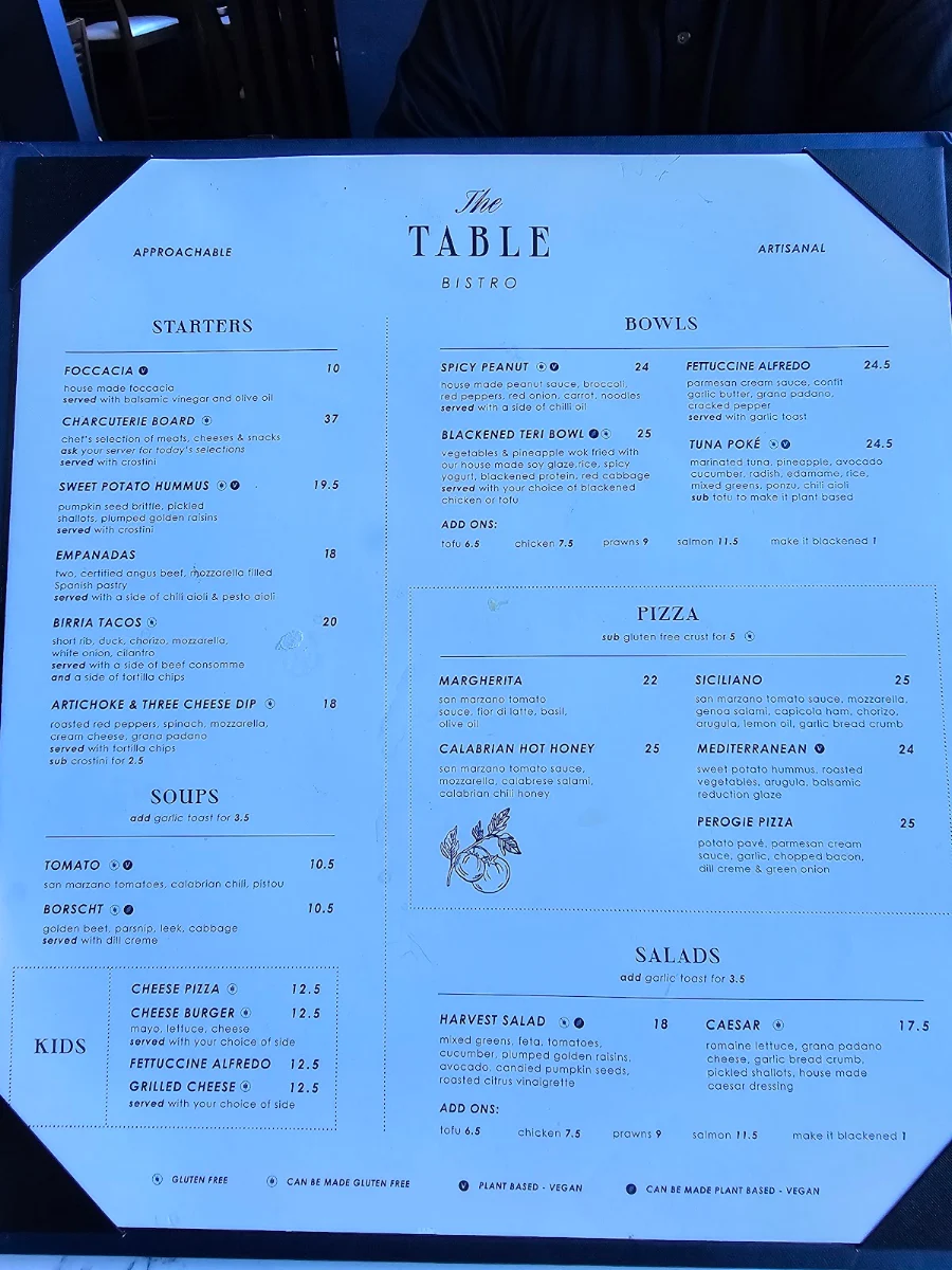 Menu, The Table Bistro
